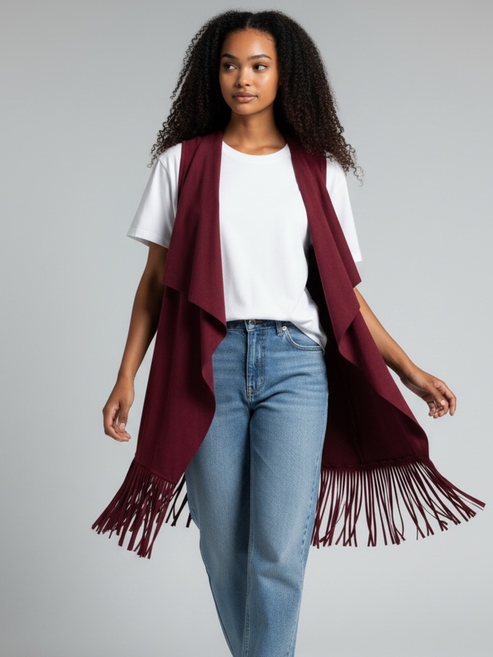 Burgundy Fringe Vest Faux Suede Waterfall Drape Boho Western Festival - Decree